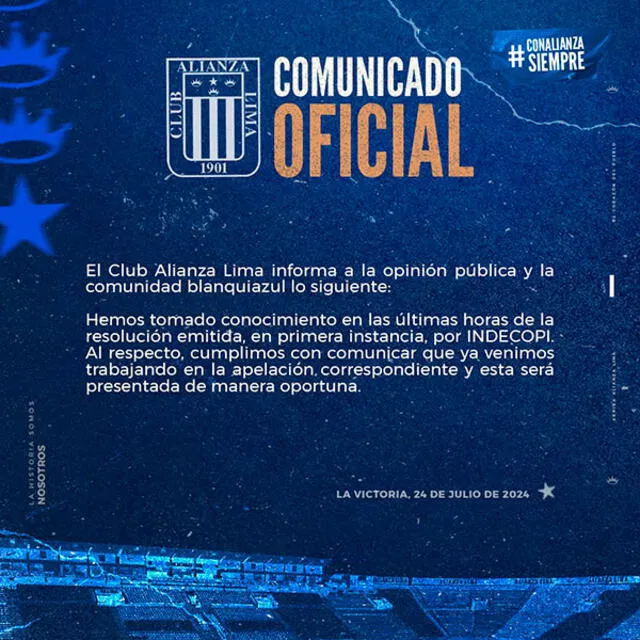 Comunicado de Alianza Lima sobre la sanción de Indecopi