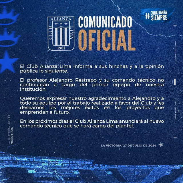 Comunicado de Alianza Lima sobre la salida de Alejandro Restrepo