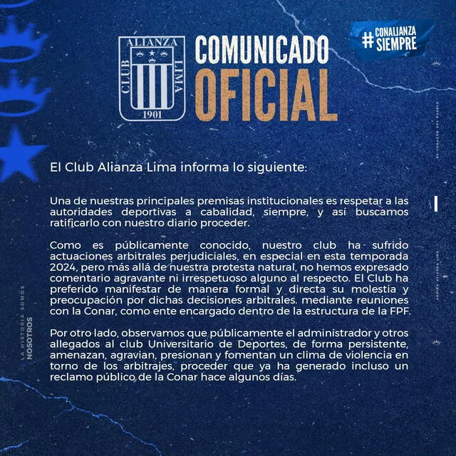 Comunicado de Alianza Lima sobre el gol válido de Universitario en el clásico. Foto: X/Captura de pantalla   