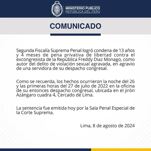 Poder Judicial dicta condena de 13 años y 4 meses de prisión al excongresista Freddy Díaz por violación sexual