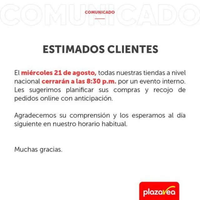 Comunicado de Plaza Vea.