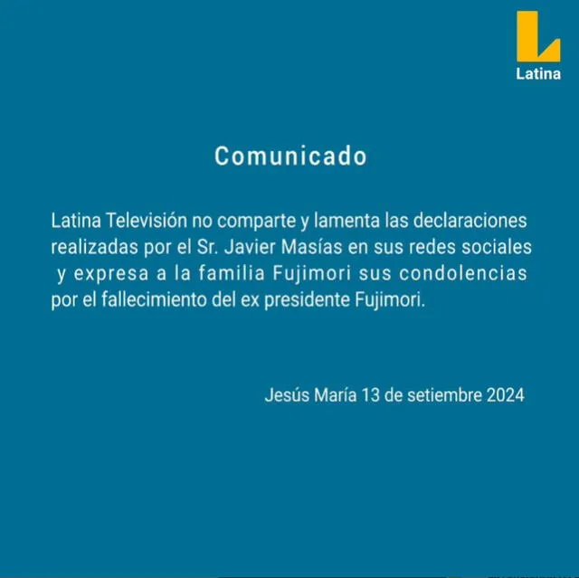 Latina Televisión rechazó los dichos de Javier Masías en redes sociales.