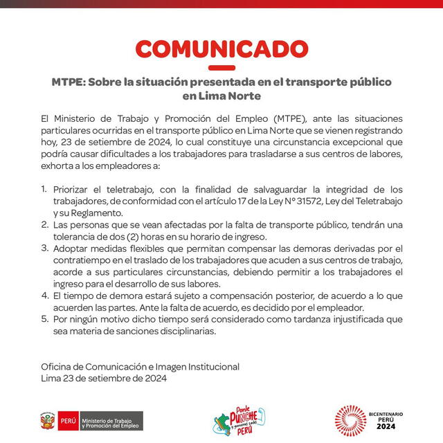 Comunicado del MTC sobre el paro en Lima Norte