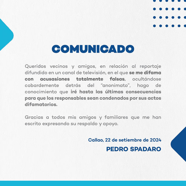 Alcalde del Callao, Pedro Spadaro, denuncia una difamación en su contra.