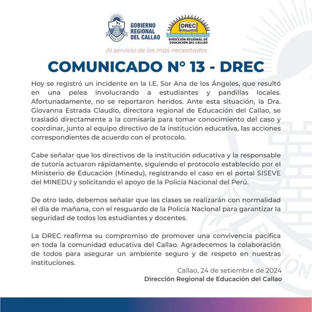 Comunicado sobre pelea encolegio del Callao. 