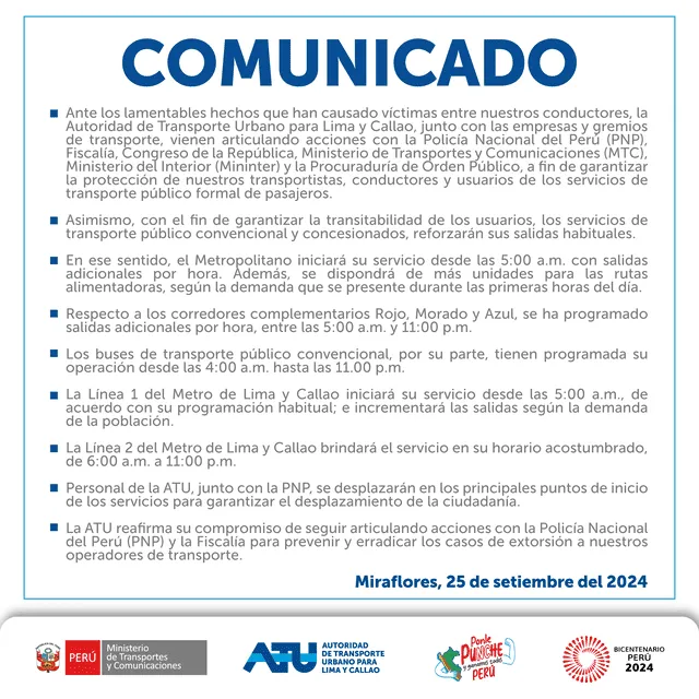 Paro de transportistas: ¿El Metropolitano y los corredores circularán este jueves 26 de septiembre? ATU responde