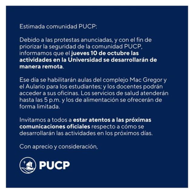 PUCP también decide suspender sus clases presenciales este 10 de octubre.