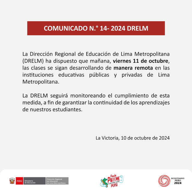 Minedu responde si habrá clases escolares este viernes 11 de octubre: ¿Qué dijo la entidad? Minedu responde si habrá clases escolares este viernes 11 de octubre: ¿Qué dijo la entidad?