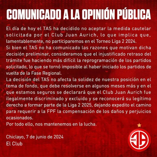 Comunicado de Juan Aurich sobre la decisión del TAS. Foto: GLR/Archivo   