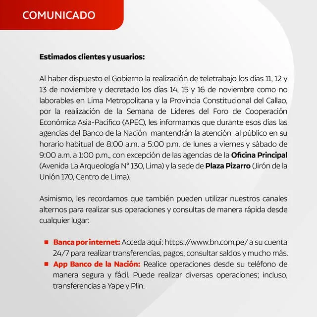 APEC 2024: Horarios de atención de Banco de la Nación, BCP, Interbank y más del 11 al 16 de noviembre