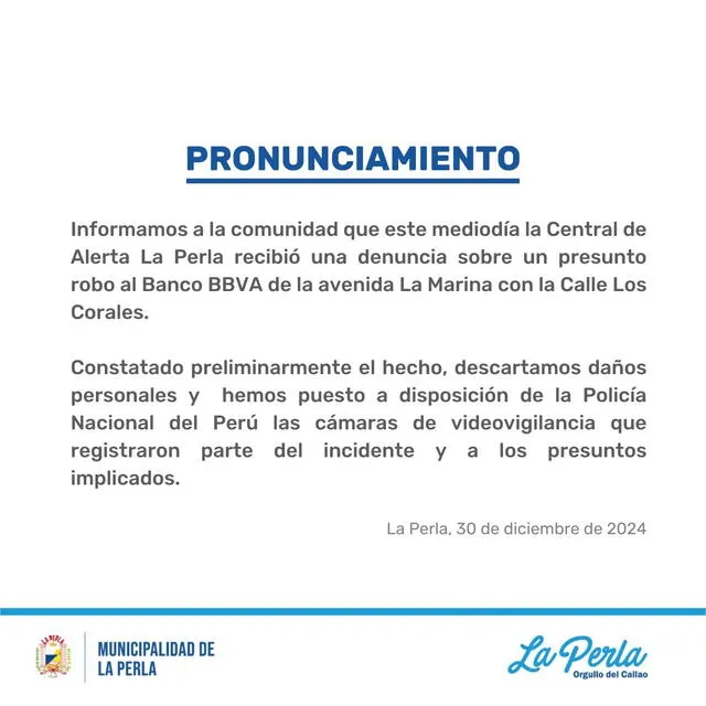  Comunicado de la municipalidad de La Perla. 