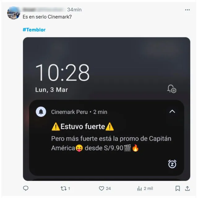Cinemark recibe críticas tras el temblor en Lima.