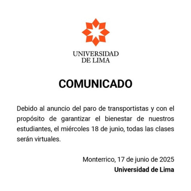 Universidad de Lima suspende sus clases presenciales este miércoles 18 de junio. Universidad de Lima suspende sus clases presenciales este miércoles 18 de junio.