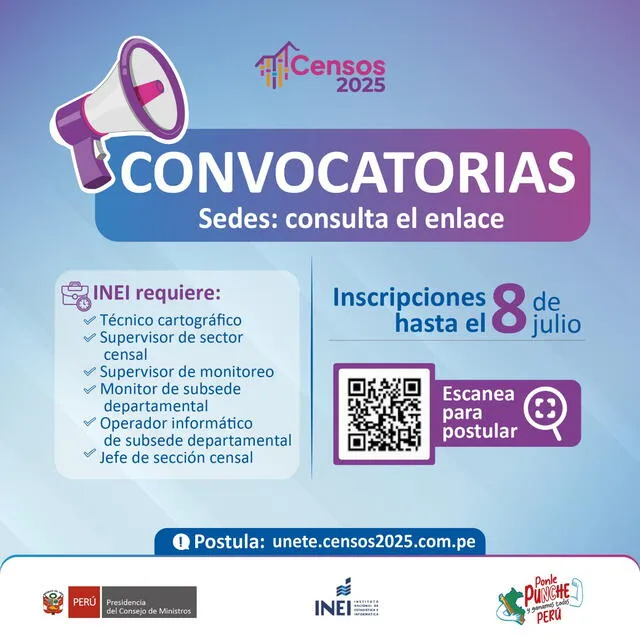 Tienes hasta este 8 de julio para postular a las convocatorias del INEI.