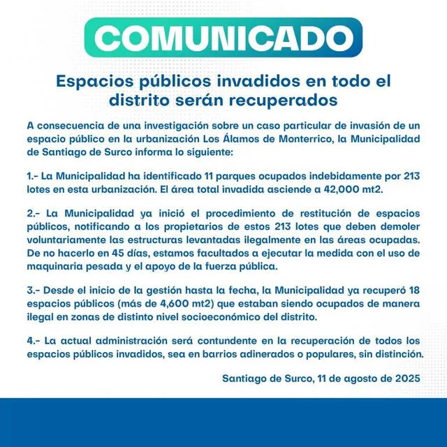 <strong> Municipalidad de Surco ya emitió un aviso que anticipa una demolición a predios que invadieron parques</strong>   