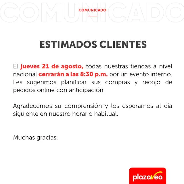 Plaza Vea emite comunicado anunciando el cierre de sus tiendas en Perú.