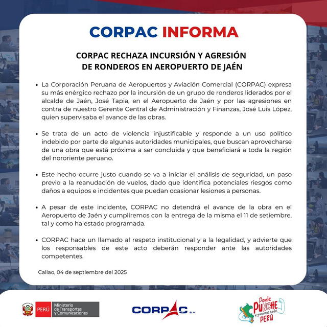 <strong> Corpac emitió un comunicado tras el ataque que sufrió uno de sus gerentes</strong> <strong> Corpac emitió un comunicado tras el ataque que sufrió uno de sus gerentes</strong>