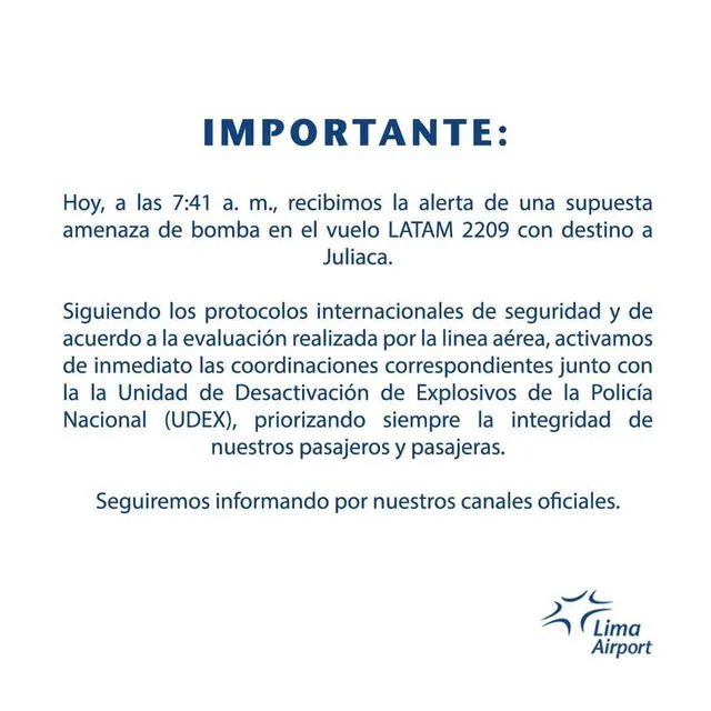 <strong> Comunicado de Lima Aiport ante presunta amenaza de bomba en vuelo con destino a Juliaca</strong>   