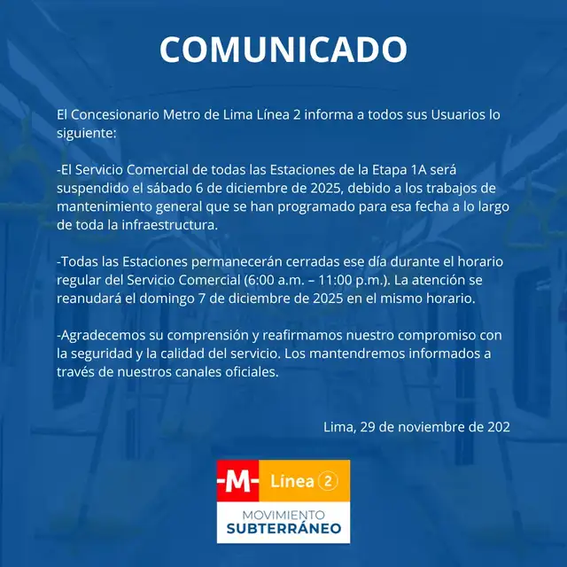 ¿Cuándo se suspenderá el servicio de la Línea 2 del Metro de Lima? ¿Cuándo se suspenderá el servicio de la Línea 2 del Metro de Lima?