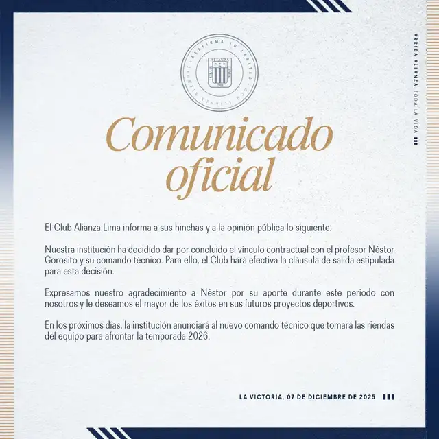 Comunicado sobre la salida de Pipo. Foto: Alianza Lima<br> Comunicado sobre la salida de Pipo. Foto: Alianza Lima<br>