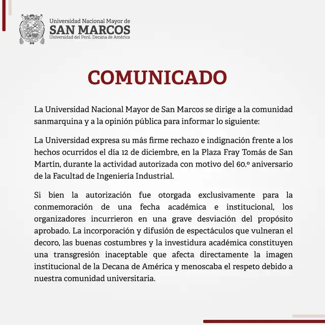 UNMSM se pronuncia ante show de strippers. UNMSM se pronuncia ante show de strippers.