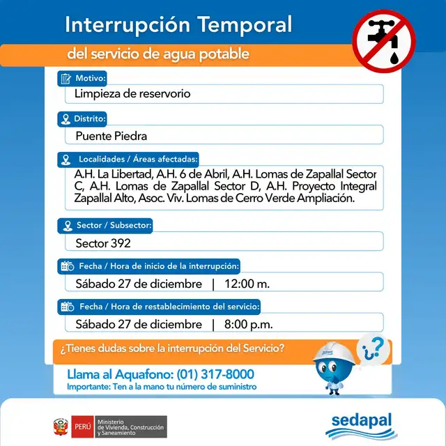 Sedapal anuncia corte de agua en Puente Piedra durante el 27 de diciembre.