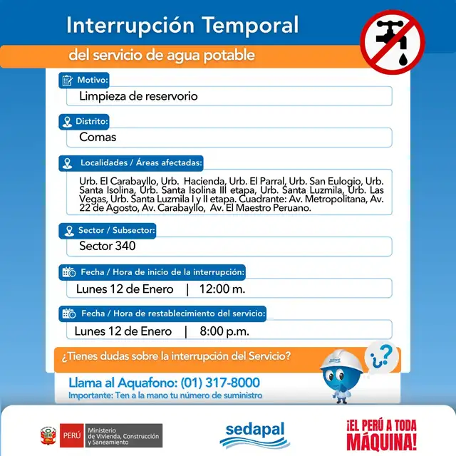 Corte de agua en Comas durante el lunes 12 de enero.