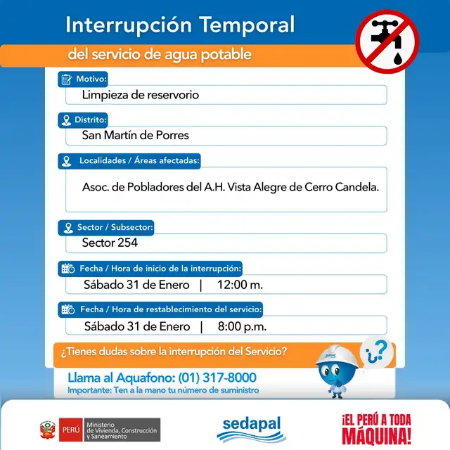 Corte de água em San Martín de Porres. Corte de água em San Martín de Porres.