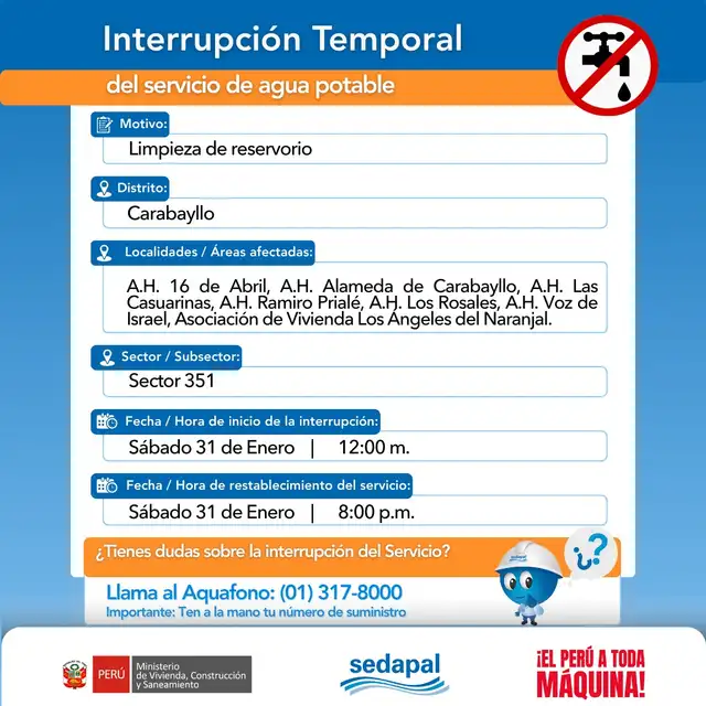 Abastecimento de água interrompido em Carabello. Abastecimento de água interrompido em Carabello.