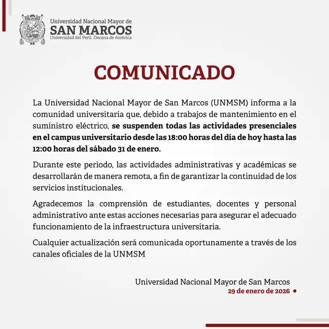 La UNMSM suspende toda actividad presencial en el campus hasta el 31 de enero.