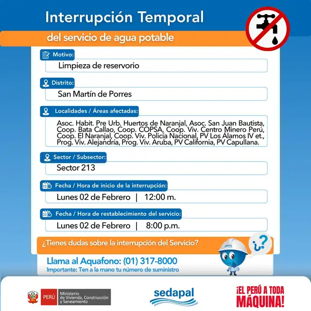 Corte de agua en San Martín de Porres.