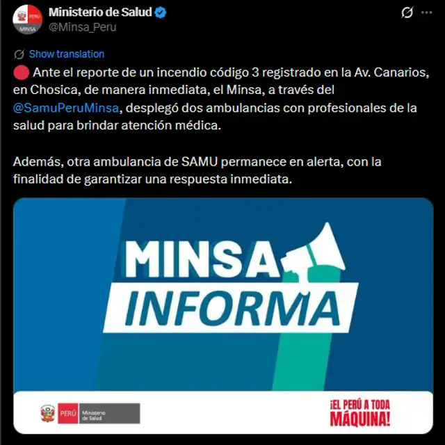 Minsa envía ambulancias para brindar atención médica.