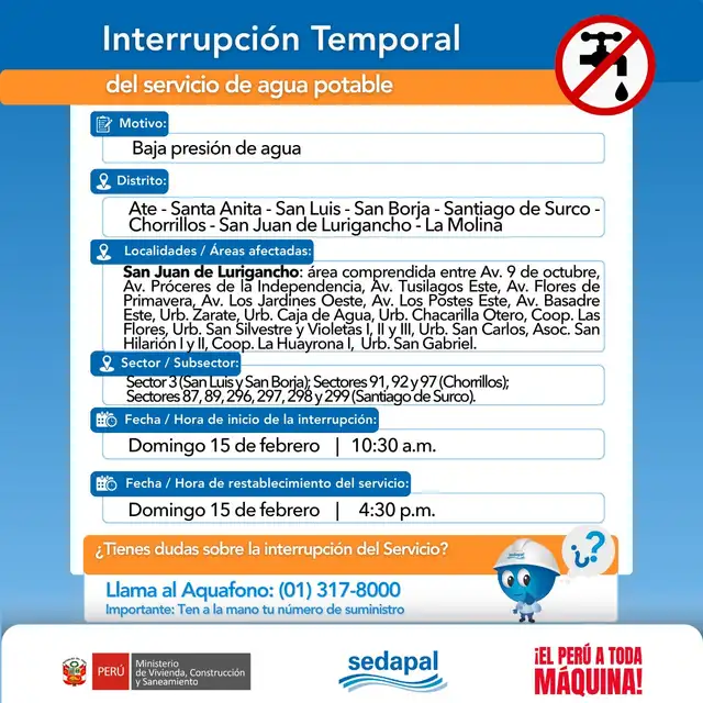 Corte de agua este domingo 15 de febrero.