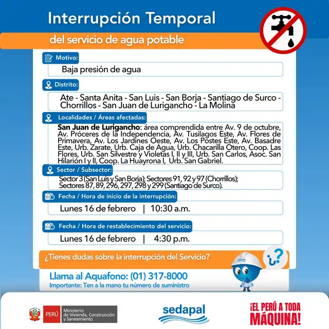 Sedapal anuncia corte de agua durante el 16 de febrero. Sedapal anuncia corte de agua durante el 16 de febrero.