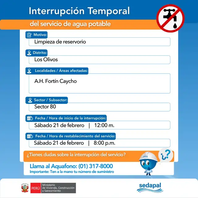 Corte de agua en Los Olivos durante el 21 de febrero.