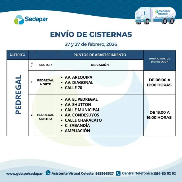 <strong> Sedapar enviará cisternas a los sectores donde no habrá agua por cortes programados</strong>   