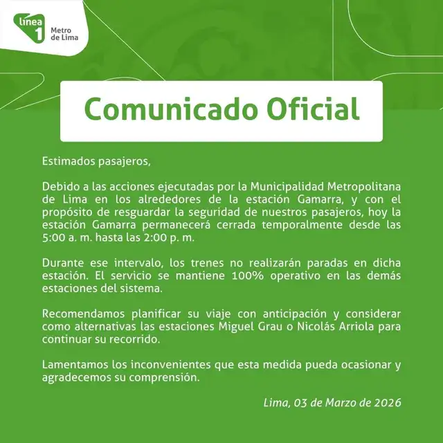 <strong> A través de un comunicado, la Línea 1 del Metro de Lima anunció cierre temporal de la Estación Gamarra</strong>   