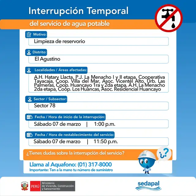 Sedapal realizará corte de agua en El Agustino.