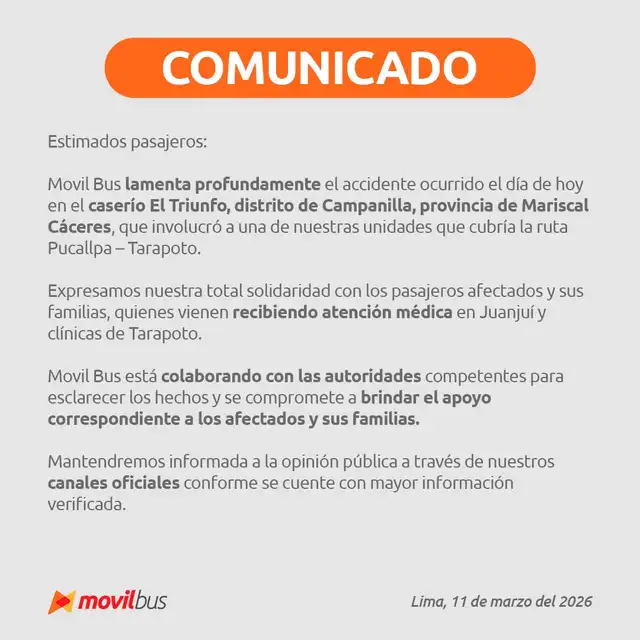Movil Bus se pronuncia tras el grave accidente en la ruta Pucallpa-Tarapoto.