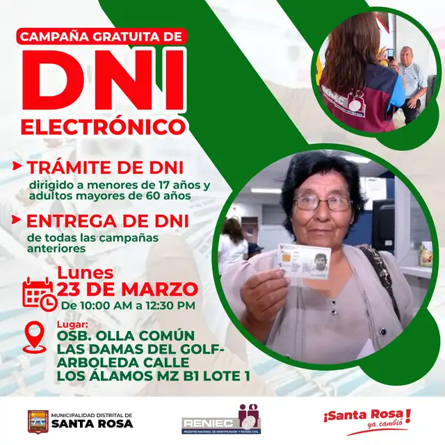 Tramitarán DNI electrónico gratis en la Municipalidad distrital de Santa Rosa.