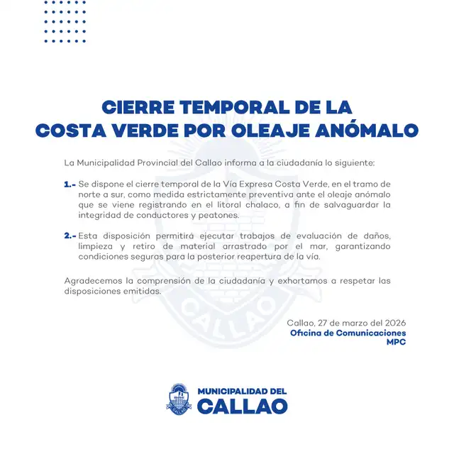 Municipalidad del Callao ordena cierre de la Costa Verde.