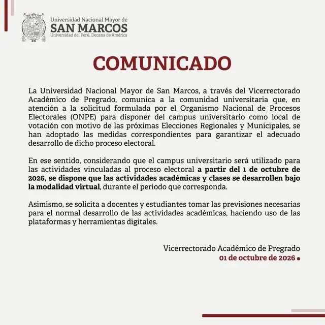 Comunicado de la UNMSM. Comunicado de la UNMSM.