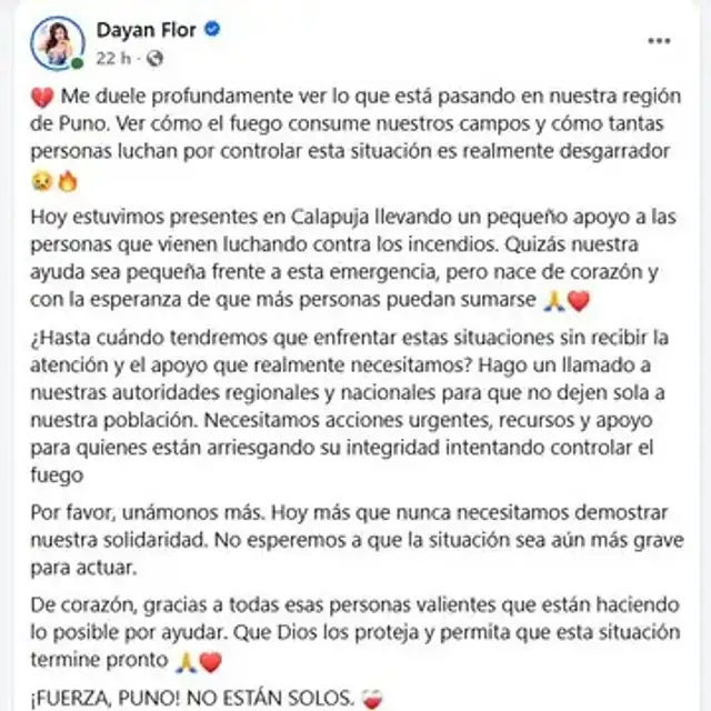 La cantante folclórica Dayan Flor hace un llamado al Gobierno para que brinde ayuda a las comunidades de Puno. La cantante folclórica Dayan Flor hace un llamado al Gobierno para que brinde ayuda a las comunidades de Puno.