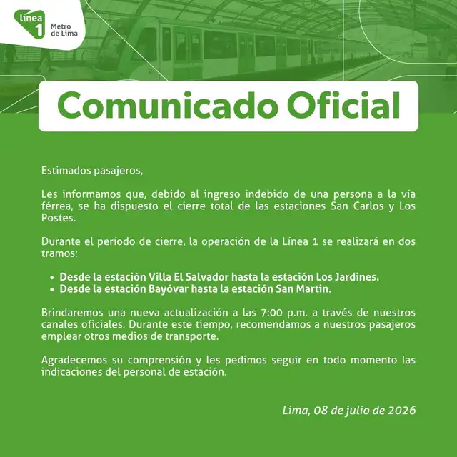 Comunicado oficial de la Línea 1 del Metro de Lima Comunicado oficial de la Línea 1 del Metro de Lima