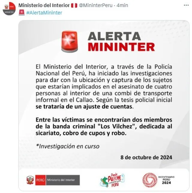 Ministerio del Interior alerta que 2 de las víctimas pertenecían a la banda criminal 