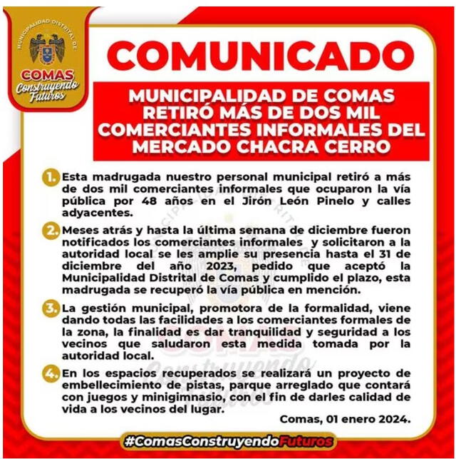 La municipalidad de Comas desalojó a vendedores informales del mercado Chacra Cerro durante Año Nuevo. 