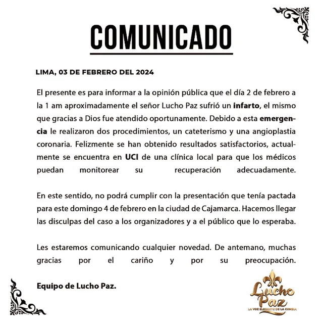 Lanzan comunicado sobre el estado de salud de Lucho Paz.