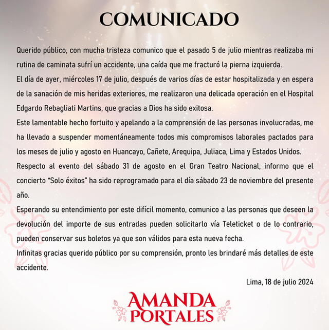 Amanda Portales envió un comunicado para informar sobre su estado de salud.  