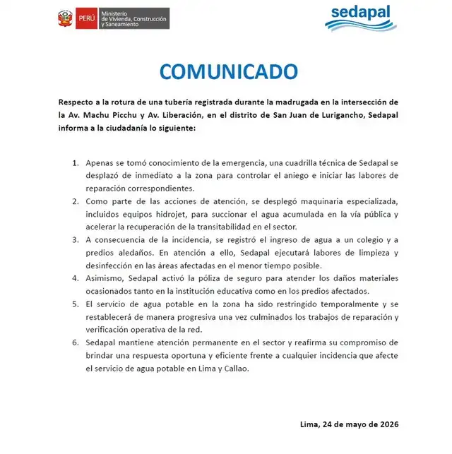 Comunicado de Sedapal Comunicado de Sedapal