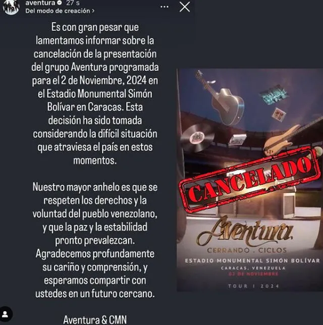 Aventura cancela su concierto en Venezuela.  